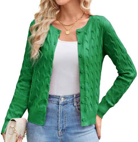 Kurz Langarm Schulterjacke Top für Damen Daily Freizeit Offene Strickjacke Sweater Tops mit Knöpfen XXL Grün von GRACE KARIN