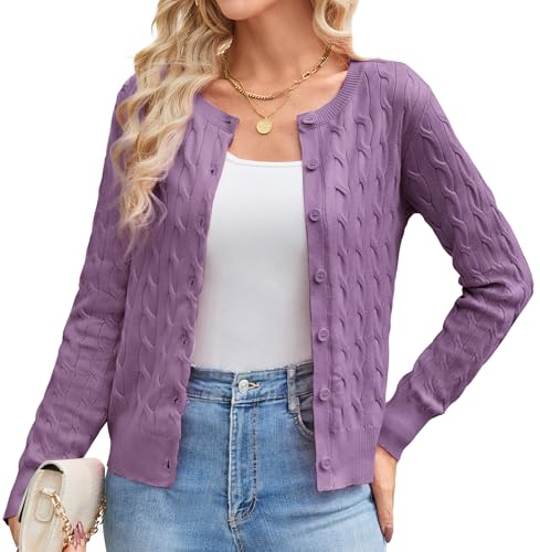 GRACE KARIN Kurz Langarm Schulterjacke Top für Damen Daily Freizeit Offene Strickjacke Sweater Tops mit Knöpfen XXL Lila von GRACE KARIN
