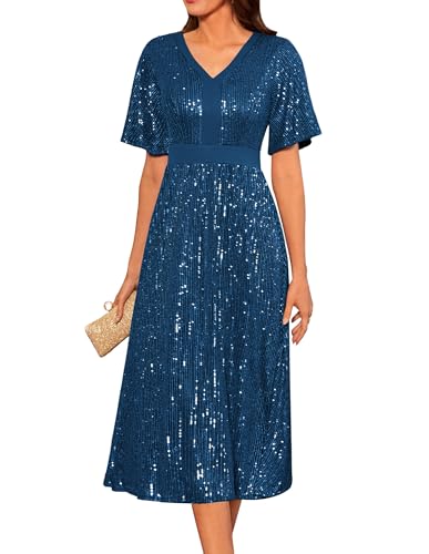 GRACE KARIN Kurzarm Abendkleid V-Ausschnitt Swing Cocktailkleid Elegant Paillettenkleid A-Linie Faltenrock Casual Freizeitkleid M Pfauenblau von GRACE KARIN
