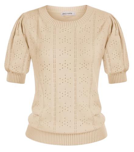 GRACE KARIN Kurzarm Pullover Polyester Pullover Damen Aprikose rund Ausschnitt Strickpullover CL2113-11 XL von GRACE KARIN