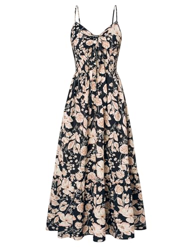 GRACE KARIN Ladies Casual Strandkleider Elegant Blumenmuster Kleid Fließender Schwung lässig Spaghetti Trägerkleid mit Knick Aprikose Blume-Schwarz M von GRACE KARIN