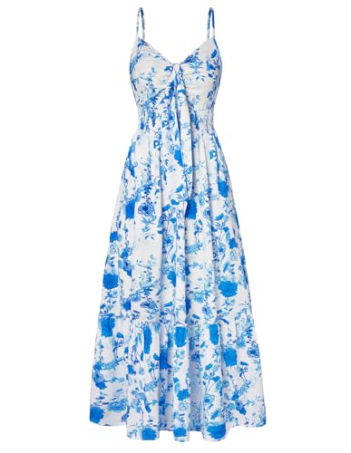 GRACE KARIN Ladies Casual Strandkleider Elegant Blumenmuster Kleid Fließender Schwung lässig Spaghetti Trägerkleid mit Knick in der Brust Blaue Blumen-Weiß M von GRACE KARIN