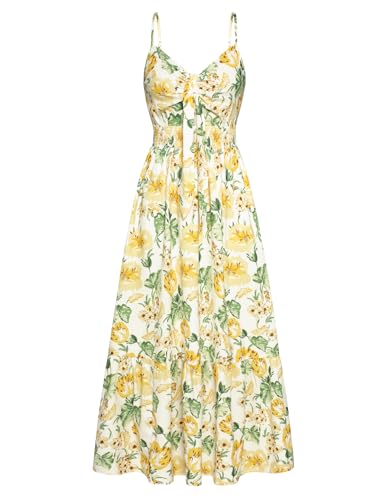 GRACE KARIN Ladies Casual Strandkleider Elegant Blumenmuster Kleid Fließender Schwung lässig Spaghetti Trägerkleid mit Knick in der Brust Gelbe Blume M von GRACE KARIN