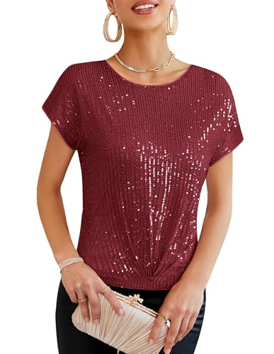 GRACE KARIN Ladies Frühling Sommer Herbst Winter Elegant Rundhalsausschnitt Glänzendes Pailletten Top Übergröße Slim Fit Shirt Weinrot XL von GRACE KARIN