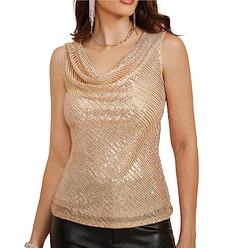 GRACE KARIN Ladies Sparkle Shimmer Elegant Tunika-Oberteil Einfarbiges Ärmelloses Wasserfall Ausschnitt Club Sequin Tank Top Roségold L von GRACE KARIN