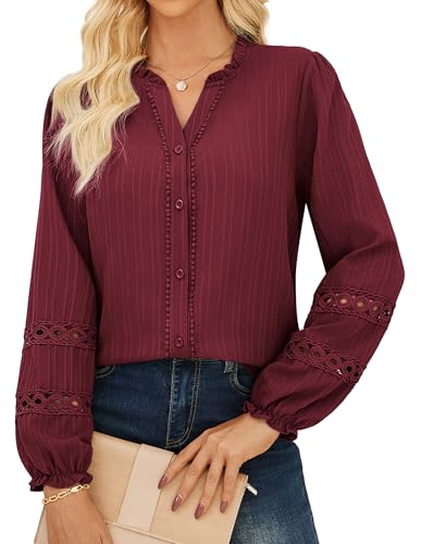 GRACE KARIN Lässige Bluse für Damen Vintage Button Down Einfarbig Langarm Casual Oberteile Button Down Hemden Weinrot XXL von GRACE KARIN