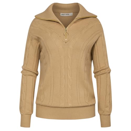 GRACE KARIN Lässiger Reverskragen Pullover Oberteile Damen-Langarm-Pullover Strickpullover Khaki M von GRACE KARIN