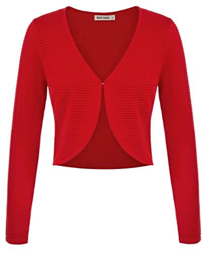 Langärmeliger Strickpullover Damen V-Ausschnitt Elegant Rockabily Boleros Rot L von GRACE KARIN