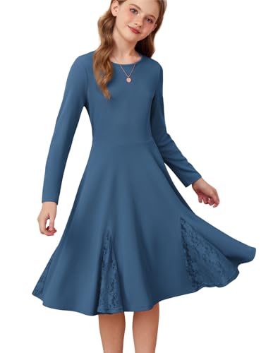 GRACE KARIN Langarm Kleid für Mädchen A-Linie Spitzenbesatz Wadenlang Festliches Kinderkleid Dunkelblau 10-11 Jahre von GRACE KARIN