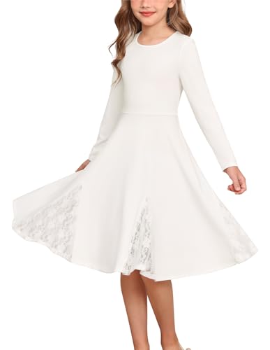GRACE KARIN Langarm Kleid für Mädchen A-Linie Spitzenbesatz Wadenlang Festliches Kinderkleid Weiß 10-11 Jahre von GRACE KARIN