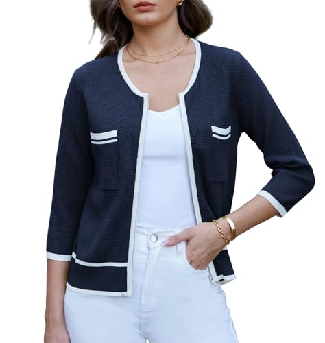 GRACE KARIN Langarm Strickjacke Vintage Rundhalsausschnitt Cardiagn mit Taschenklappen Casual Outwear mit Reißverschlusspfen Dunkelblau XL von GRACE KARIN