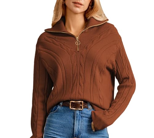 GRACE KARIN Langarm-Top mit Viertelreißverschluss Revers Einfarbig Lockerer Freizeitpullover Braun M von GRACE KARIN