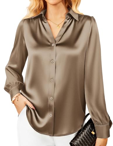 GRACE KARIN Langarmshirt Damen Elegant V-Ausschnitt Elegante Bluse Satin Bluse Oberteile Festlich Casual Tops Business Dunkelbraun M von GRACE KARIN