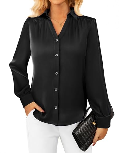 GRACE KARIN Langarmshirt Damen Elegant V-Ausschnitt Elegante Bluse Satin Bluse Oberteile Festlich Casual Tops Business Schwarz M von GRACE KARIN