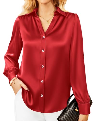 GRACE KARIN Langarmshirt Damen Elegant V-Ausschnitt Elegante Bluse Satin Bluse Oberteile Festlich Casual Tops Business Weinrot M von GRACE KARIN