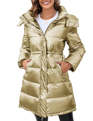 GRACE KARIN Lange Puffer-Mantel-Frauen-glänzende Plus-Size-Puffer-Jacke mit abnehmbarer Kapuze, Gold, Large von GRACE KARIN