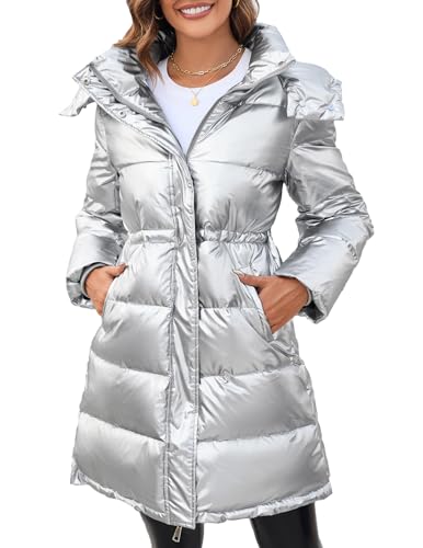 GRACE KARIN Lange Puffer-Mantel-Frauen-glänzende Plus-Size-Puffer-Jacke mit abnehmbarer Kapuze, silber, Medium von GRACE KARIN