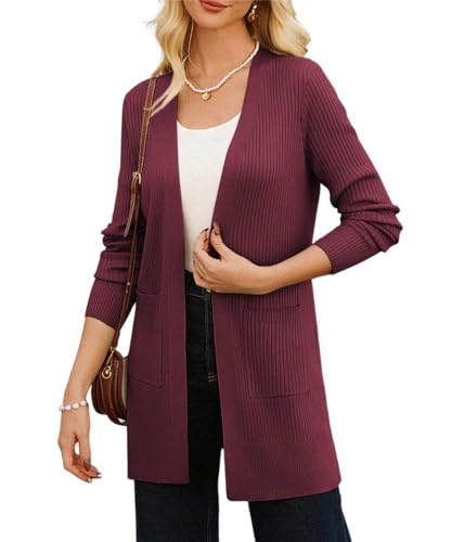 GRACE KARIN Lange Strickjacke für Damen Open Front Leicht Gestrickt Jacke Business Büro Schulterjacke mit Tachen Dunkelrot M von GRACE KARIN