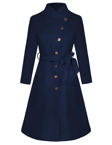 GRACE KARIN Langer Wintermantel Umlegekragen Einreihiger Mantel mit Taschen und Gürtel Dunkelblau L von GRACE KARIN