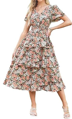 Damen Elegant Basic V-Ausschnitt Blumenkleid Vintage Kurze Ärmel A-Linie Blumendruck Geraffte Taille für den Strand L Rosa Blumen-Schwarz von GRACE KARIN