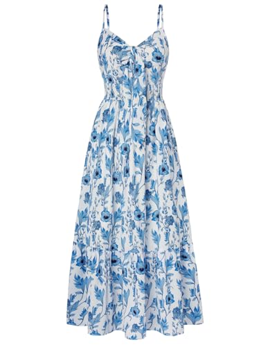 GRACE KARIN Langes Fließendes Damenkleid Rückenfrei Spaghettiträgerkleid Strandkleid Blaue Blume-Weiß XXL von GRACE KARIN