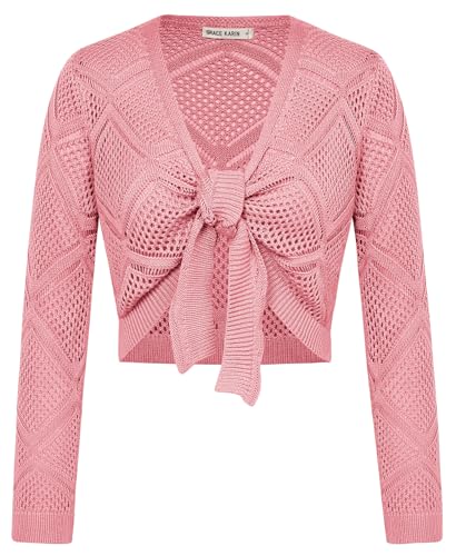 GRACE KARIN Leichte Damen-Strickjacke mit Schnürung vorne, langärmelig, gehäkelt, Bolero, Pink, Mittel von GRACE KARIN