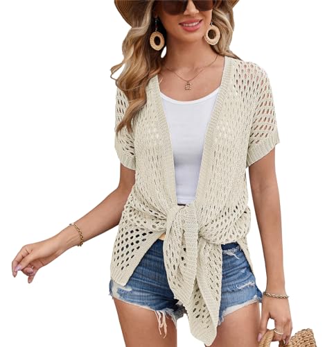 GRACE KARIN Leichte Sommer Strickjacken für Frauen Mesh Open-Front Kurzarm Strickjacke Bademode Cover ups Strand Apricot XL von GRACE KARIN