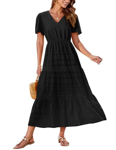 GRACE KARIN Leichtes V-Ausschnitt Sommer Tunika Midikleid für Damen Lässige Boho Kleider Sonnenkleid Schwarz XL von GRACE KARIN