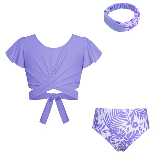 GRACE KARIN Mädchen 3 Stück geteilter Badeanzug Verstellbarer Bund Kurzärmeliges Top Badeshorts Mit Haarband Weiß-Violette Blätter 12 Jahre von GRACE KARIN