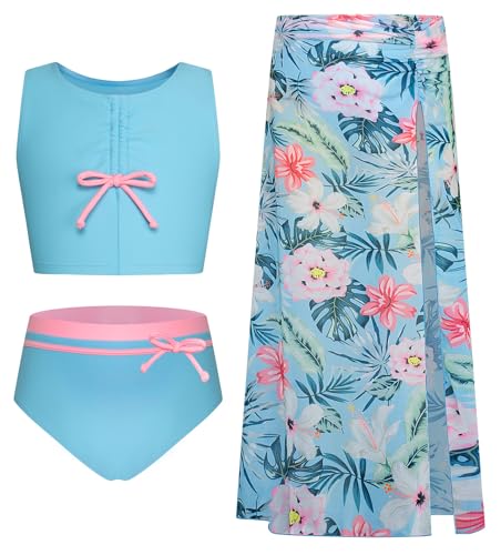 GRACE KARIN Mädchen 3 Teiliger Bikini Set Sommer Bademode Strand Swimsuit mit Schleife Hellblau 12 Jahre von GRACE KARIN