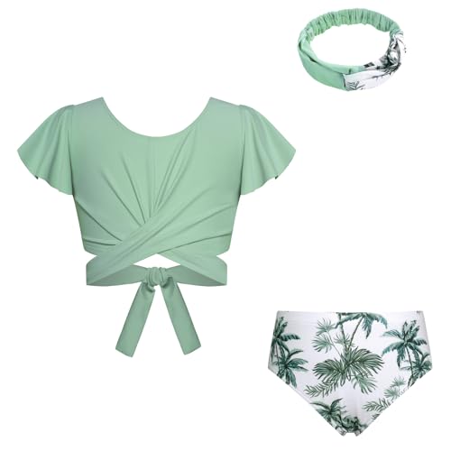 GRACE KARIN Mädchen 3-teiliger Badeanzug Rüschen Kurzarm Badeanzug Verstellbarer Gürtel Oberteil Badeanzug+Shorts+Haarband Weißer-grün Kokosnussbaum 7 Jahre von GRACE KARIN