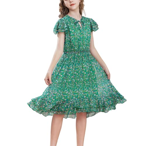 GRACE KARIN Mädchen A-Linie Blumenkleid Sommer Kurzarm Freizeitkleid mit Rüschen Buntes Kleid für Mädchen 6-12 Jahre Grün 10 Jahre von GRACE KARIN