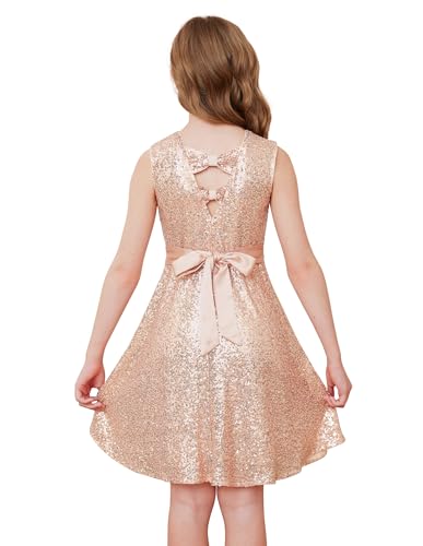 GRACE KARIN Mädchen Ärmellos A-Linie Pailletten Kleid Glitzer Partykleid mit Schleife Roségold 10 Jahre von GRACE KARIN