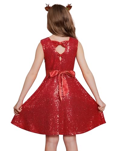 GRACE KARIN Mädchen Ärmellos A-Linie Pailletten Kleid Glitzer Partykleid mit Schleife Rot 10 Jahre von GRACE KARIN