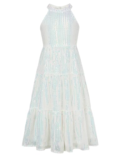 GRACE KARIN Mädchen Ärmellos Festlich Glitzer Festkleid mit Pailletten Neckholder Cocktailkleid Partykleid Weiß 14 Jahre von GRACE KARIN