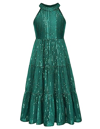GRACE KARIN Mädchen Ärmellose Neckholder Kleid Hochzeit Partykleid Pailletten Kleid in A-Linie Grün 6 Jahre von GRACE KARIN
