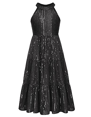 GRACE KARIN Mädchen Ärmellose Neckholder Kleid Hochzeit Partykleid Pailletten Kleid in A-Linie Schwarz 6 Jahre von GRACE KARIN