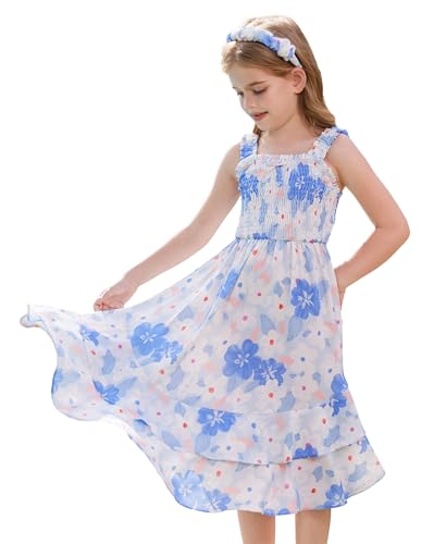 GRACE KARIN Mädchen Ärmelloses Quadratisches Ausschnitt Geschmücktes A-Linien-Kleid Unregelmäßigem Saum Wadenlang Blau 6-7 Jahre von GRACE KARIN