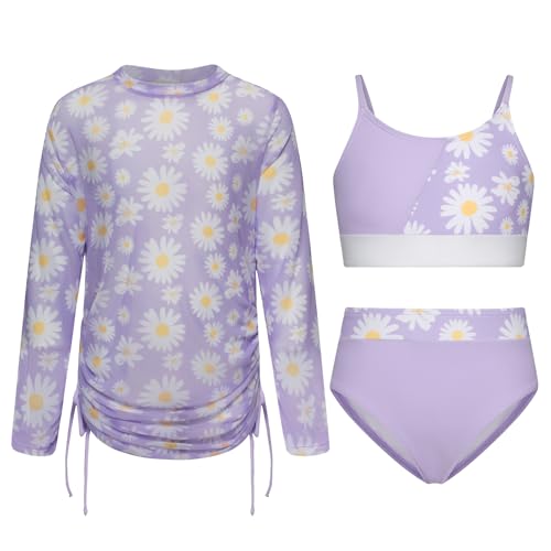 GRACE KARIN Mädchen Badeanzug Bikini Set 3-teilig Tankini Schwimmanzug Sommer Strand Bademode Lila Gänseblümchen 6 Jahre von GRACE KARIN