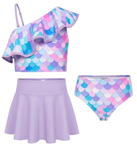 GRACE KARIN Mädchen Dreiteiliges Bikini Set Verstellbarer Schultergurt Tankini Hawaiian Strand Bademode Lila Meerjungfrau 10 Jahre von GRACE KARIN