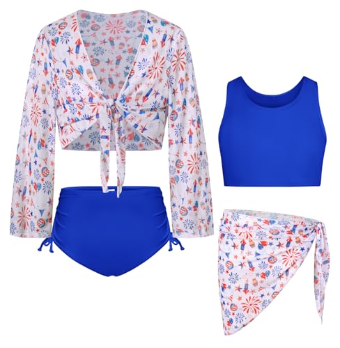 GRACE KARIN Mädchen Badeanzug Größe 8-10 Langarm Taniki Bikini Set Blau Badeanzug mit Kimono Cover Up von GRACE KARIN