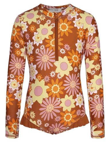 GRACE KARIN Mädchen Badeanzug Kinder Einteiler Badeanzug Bademode Langarm Orange 10-12 Jahre von GRACE KARIN