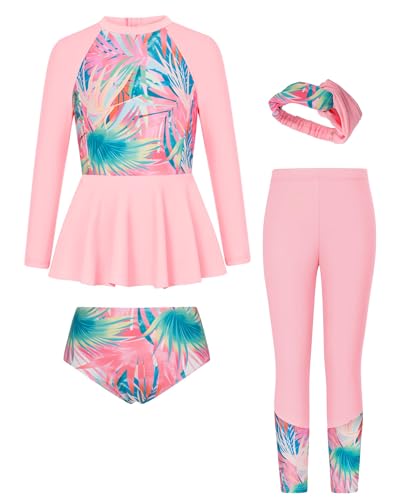 GRACE KARIN Mädchen Badeanzug Set Langarmshirt + Hose + Slip + Stirnband Blaurosa Palmblätter 14 Jahre von GRACE KARIN