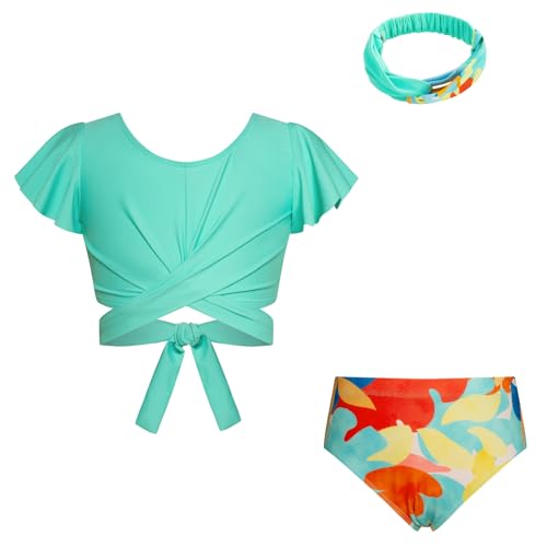 GRACE KARIN Mädchen Badeanzug Sets Tankini Badeanzug Kurzarm Oberteil Badeshorts Mit Haarband 3 Stück Geteilte Bademode Bunte Blumen 14 Jahre von GRACE KARIN