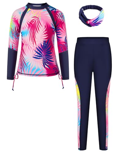 Mädchen Badeanzug Sommerurlaub Rush Guard Oberteil und Hose Elastisch Langärmelig Swimsuit Rosa 7-8 Jahre von GRACE KARIN