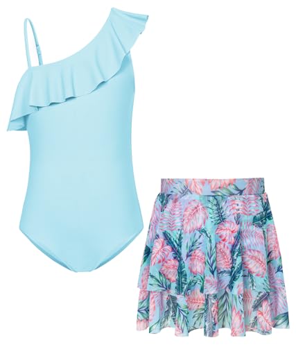 GRACE KARIN Mädchen Badeanzug mit Rock Kinder One Piece Swimsuit Einteiler Schwimmanzug Hellblau 8-10 Jahre von GRACE KARIN