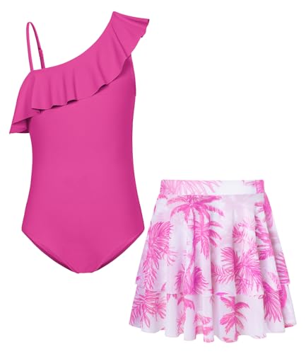 GRACE KARIN Mädchen Badeanzug mit Rock Kinder One Piece Swimsuit Einteiler Schwimmanzug Rosenrot 7-8 Jahre von GRACE KARIN