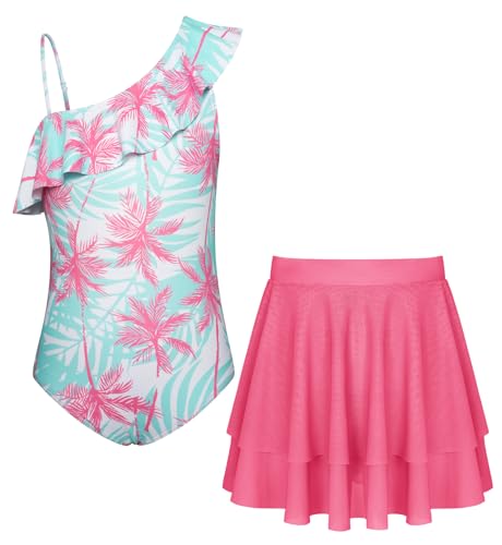 GRACE KARIN Mädchen Bademode EIN Stück Badeanzüge mit Rock Schnell Trocknender Badeanzug Rosa und Grüne Blätter 7-8 Jahre von GRACE KARIN