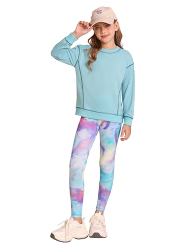 GRACE KARIN Mädchen Bekleidungssets Elegante Frühling Herbst Langarmshirt Tops Skinny Hose Set Hellblau 8-9 Jahre von GRACE KARIN