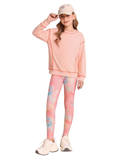 GRACE KARIN Mädchen Bekleidungssets Elegante Frühling Herbst Langarmshirt Tops Skinny Hose Set Orange Rosa 8-9 Jahre von GRACE KARIN